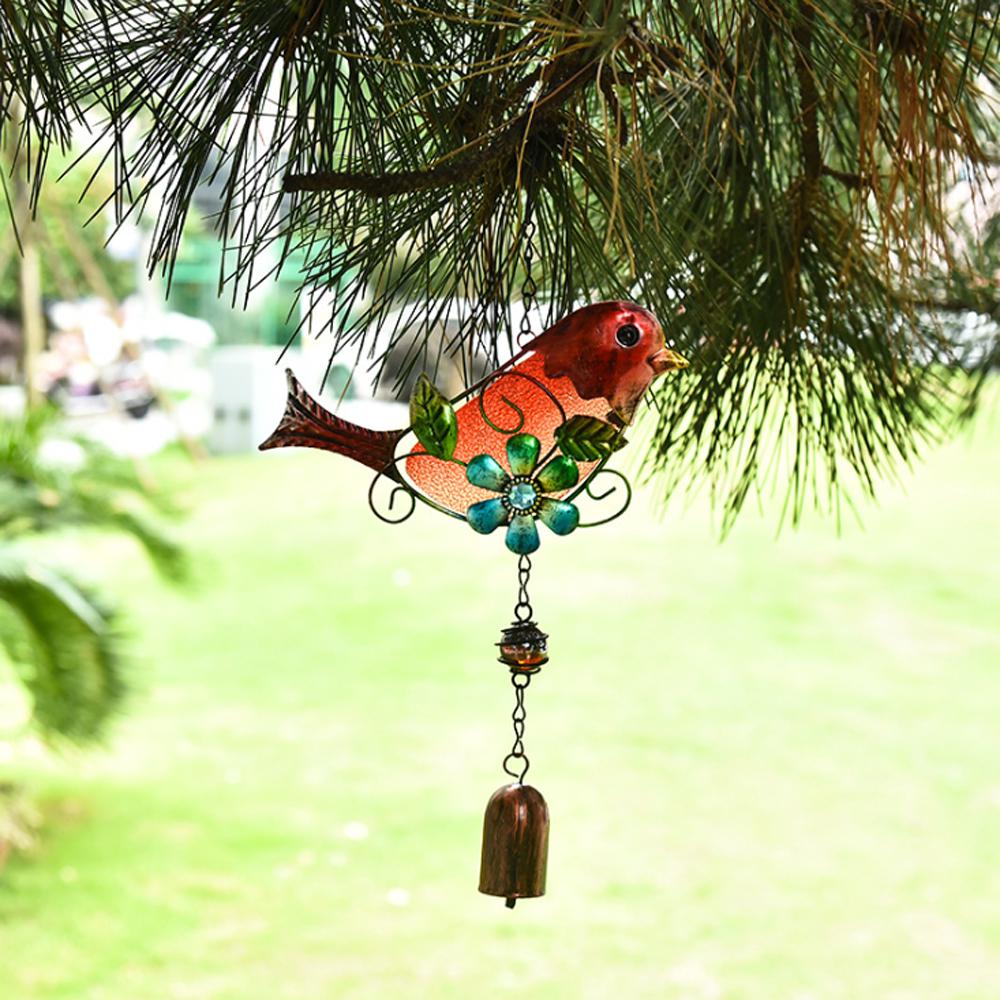 Rustic Bird Wind Chime Iron Wall Decor Metal Glass Painted Bell Hanging Ornament 37x20cm