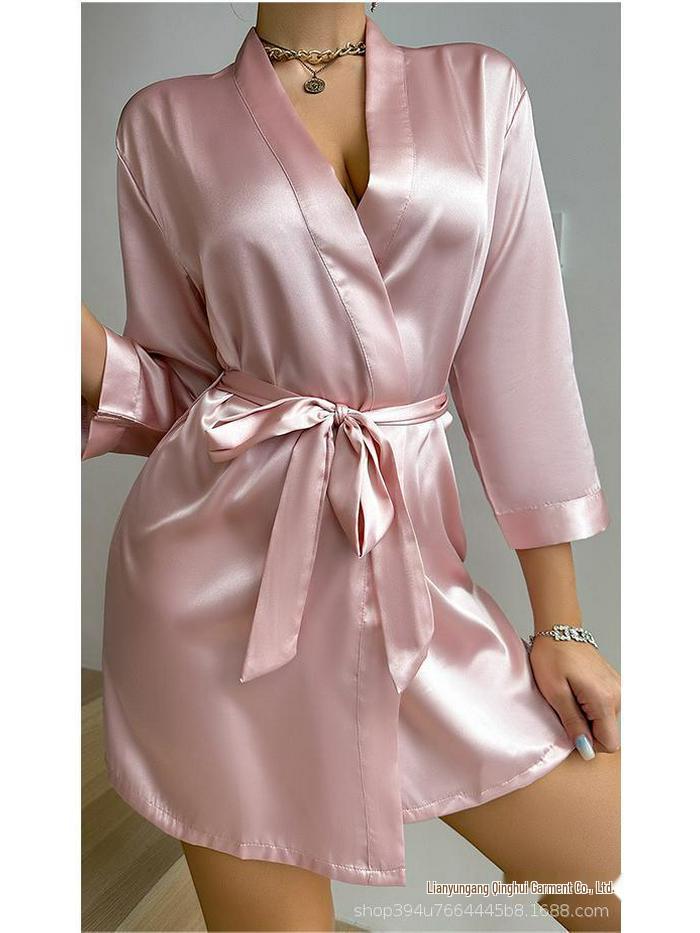 Cross-border Women's Tie-up Bathrobe: Sexy, Comfortable Ice Silk-like Nightgown & Morning Robe
