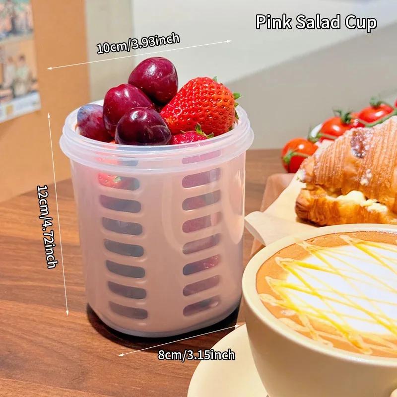 

Outdoor Anti Drop Fruit Cup, Portable Double-Layer With Drain And Fork, Breakfast Salad Cup, Outdoor Picnic Fruit Cup, Oat Cup