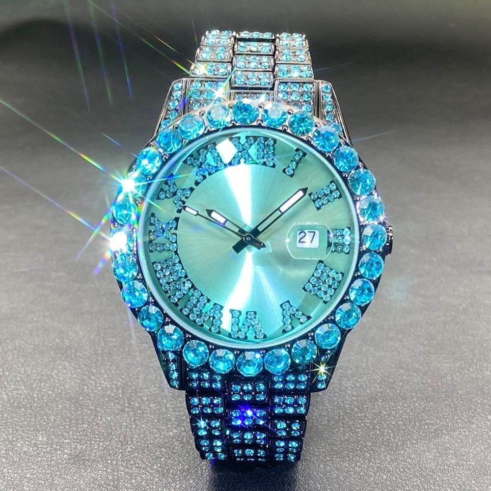 Luxury Diamond Watch for Men Fashion Bling Iced Out Day Date Watches Hip Hop Stainless Steel Quartz Man Clock