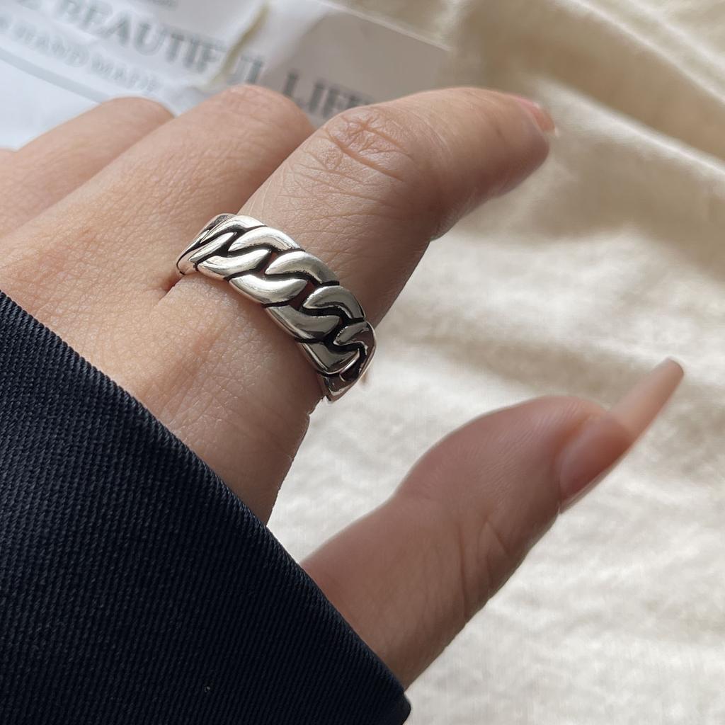925 Sterling Silver Rings For Women Geometric Fine Jewelry Finger Adjustable Simple Retro Chain Ring For Party Birthday Gift