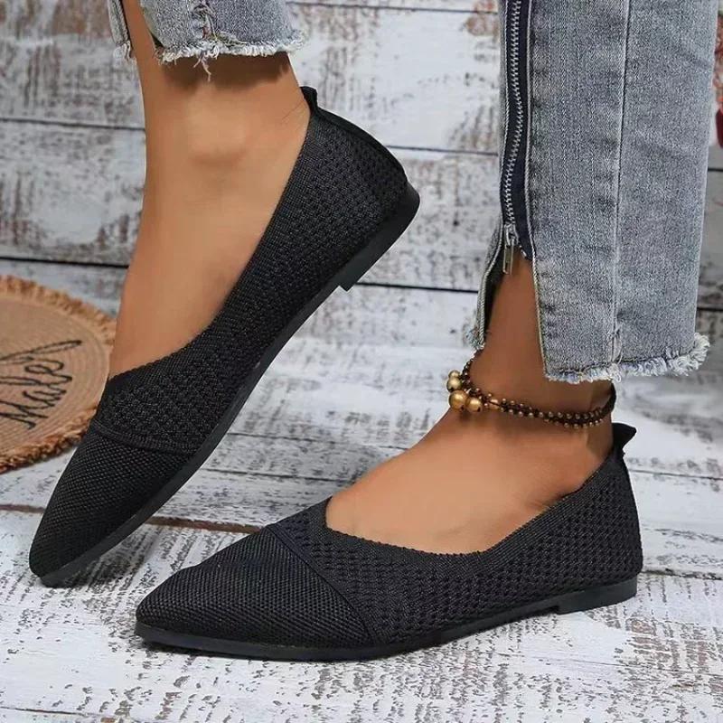 

Женские туфли на плоской подошве с острым носком, однотонные трикотажные туфли без застежек, повседневные дышащие балетки для женщин, туфли на плоской подошве, женские мокасины 36