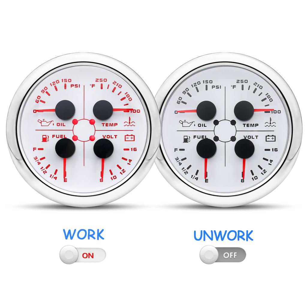 85mm 4 In 1 Gauge Oil Press Gauge Water Temp Meter Fuel Level Gauge Voltmeter With Alarm For Marine Boat Car Waterproof 12V 24V