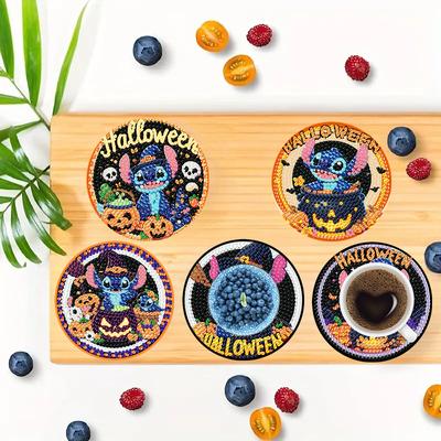 8-piece Set of DIY Diamond Painted Coasters with The Stitch Goblin Series Pattern and Complimentary Cup Holder
