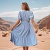 Cross-border Foreign Trade Summer New European and American Stand-up Collar Pleated Medium and Long Skirt Short Sleeve Lace-up Dress Women