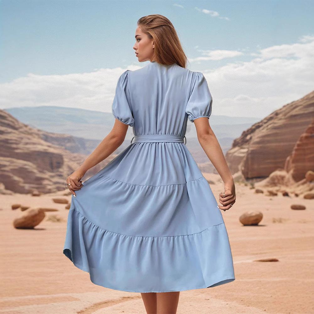 Cross-border Foreign Trade Summer New European and American Stand-up Collar Pleated Medium and Long Skirt Short Sleeve Lace-up Dress Women