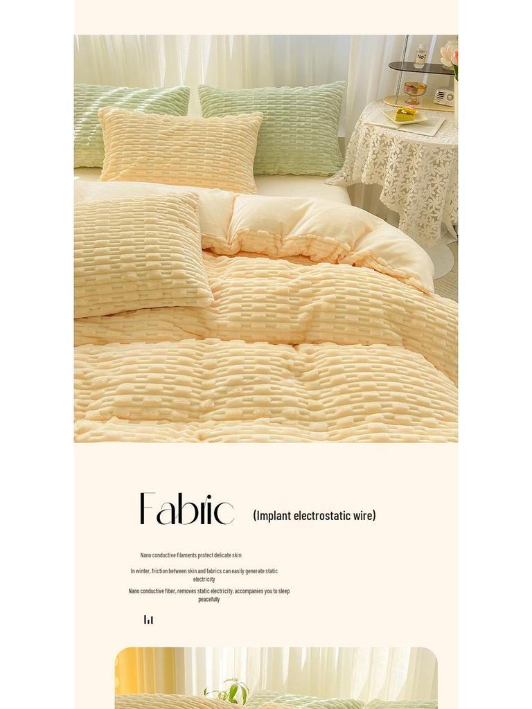 Mother and Baby Rabbit Velvet 4-Piece Set: Coral Fleece Duvet Cover, Solid Color Fitted Sheet, Milk Velvet 3-Piece Set for Single/Double Bed.