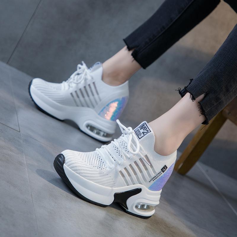 2025 Spring and Summer New Dad Shoes Women's Summer Breathable Mesh Shoes Casual Thick Sole Inner Height Increase Sequined White Shoes