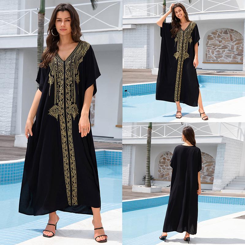 "European & American Embroidered Cotton Maxi Skirt: Women's Beach Sun Protection Robe"
