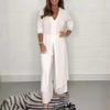 Women's V-Neck Long-Sleeve Slit Top with Wide-Leg Pants - Summer Solid Color Set