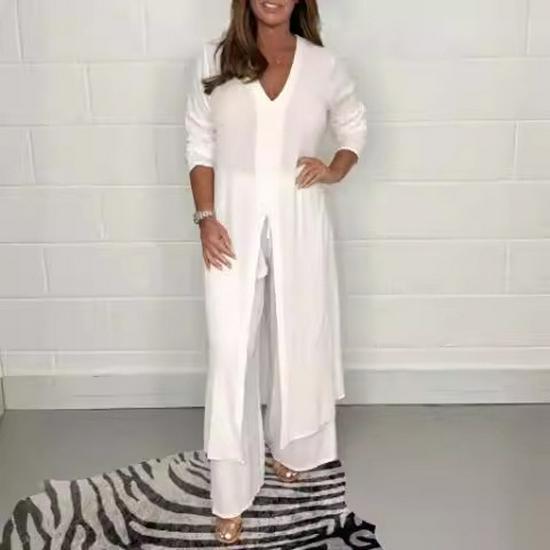 Women's V-Neck Long-Sleeve Slit Top with Wide-Leg Pants - Summer Solid Color Set