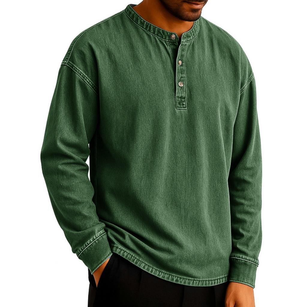 Men's Solid-color Casual Washable Retro Round-neck Slim Long-sleeved Top