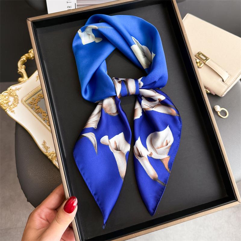 Luxury Brand Floral Print Square Silk Scarf for Women Hijab Hair Bands 70cm Neckerchief Female Satin Shawl Ribbon Headband