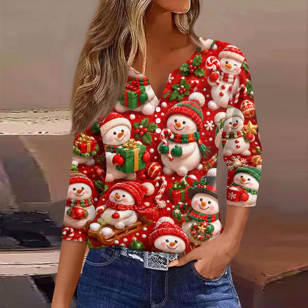 Women's Fashion Casual Christmas Print V-Neck Button Three-Quarter Sleeve T-Shirt Top