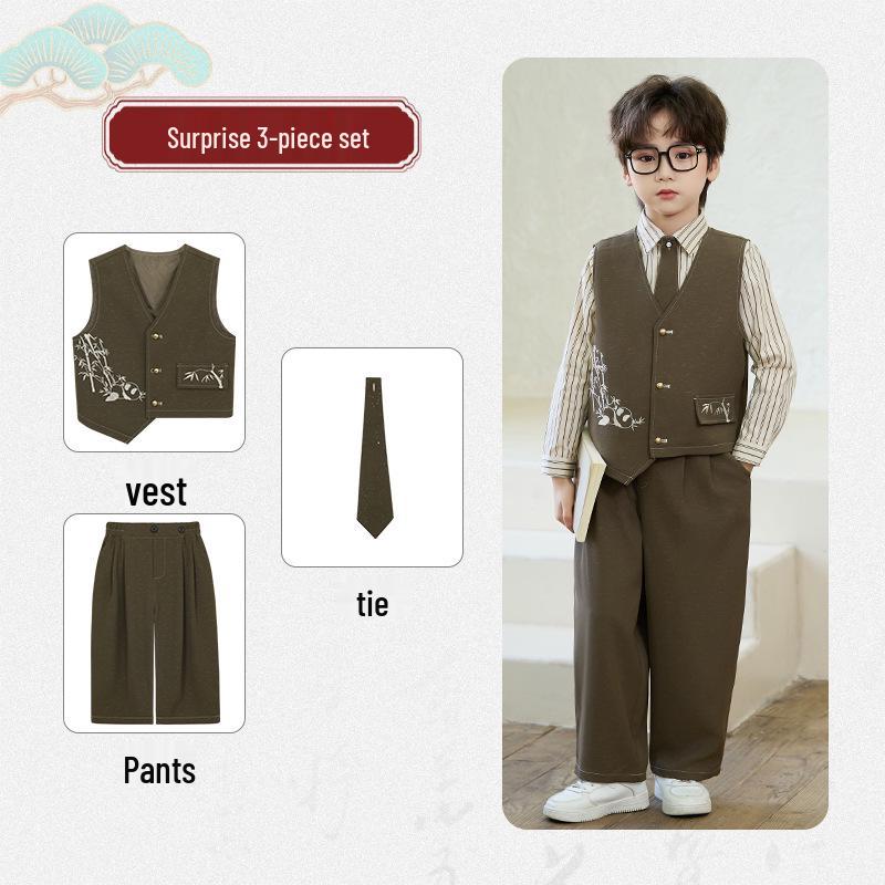 Spring Embroidered Hanfu Vest Set for Boys - Traditional Style Recitation & Performance Outfit