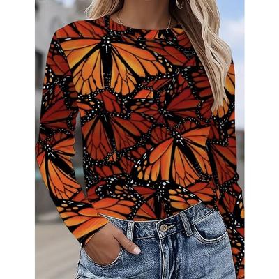 Women's T Shirt Print Graphic Butterfly Vintage Fashion Long Sleeve Crew Neck Round Neck Regular Tops