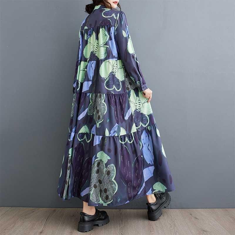 Loose and Thin Fashion Long-sleeved Printed Mid-length Dresses