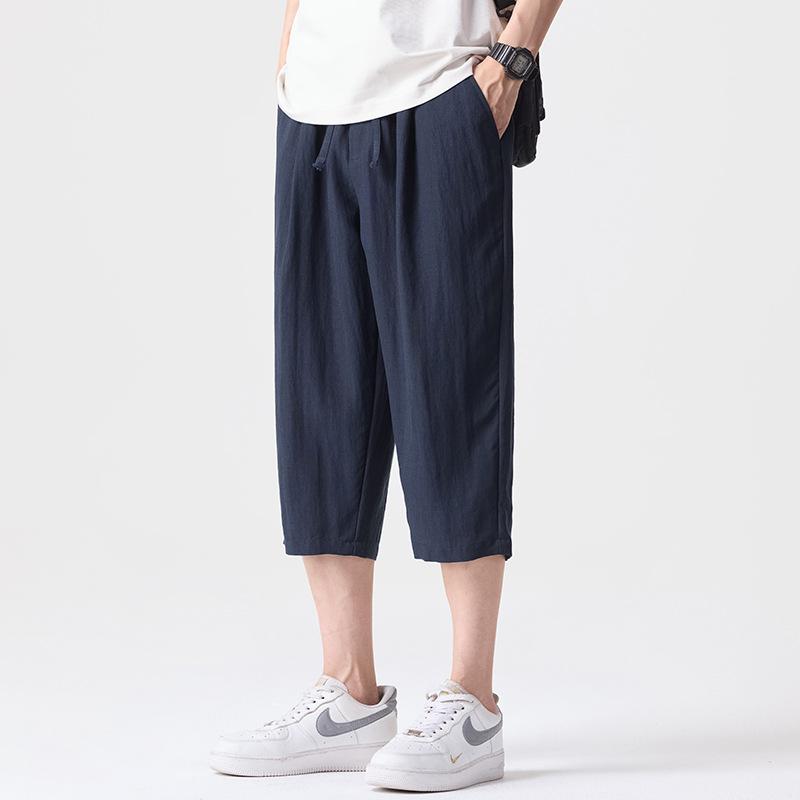 Summer new cool and breathable cropped pants thin men's solid color simple and versatile loose straight casual shorts