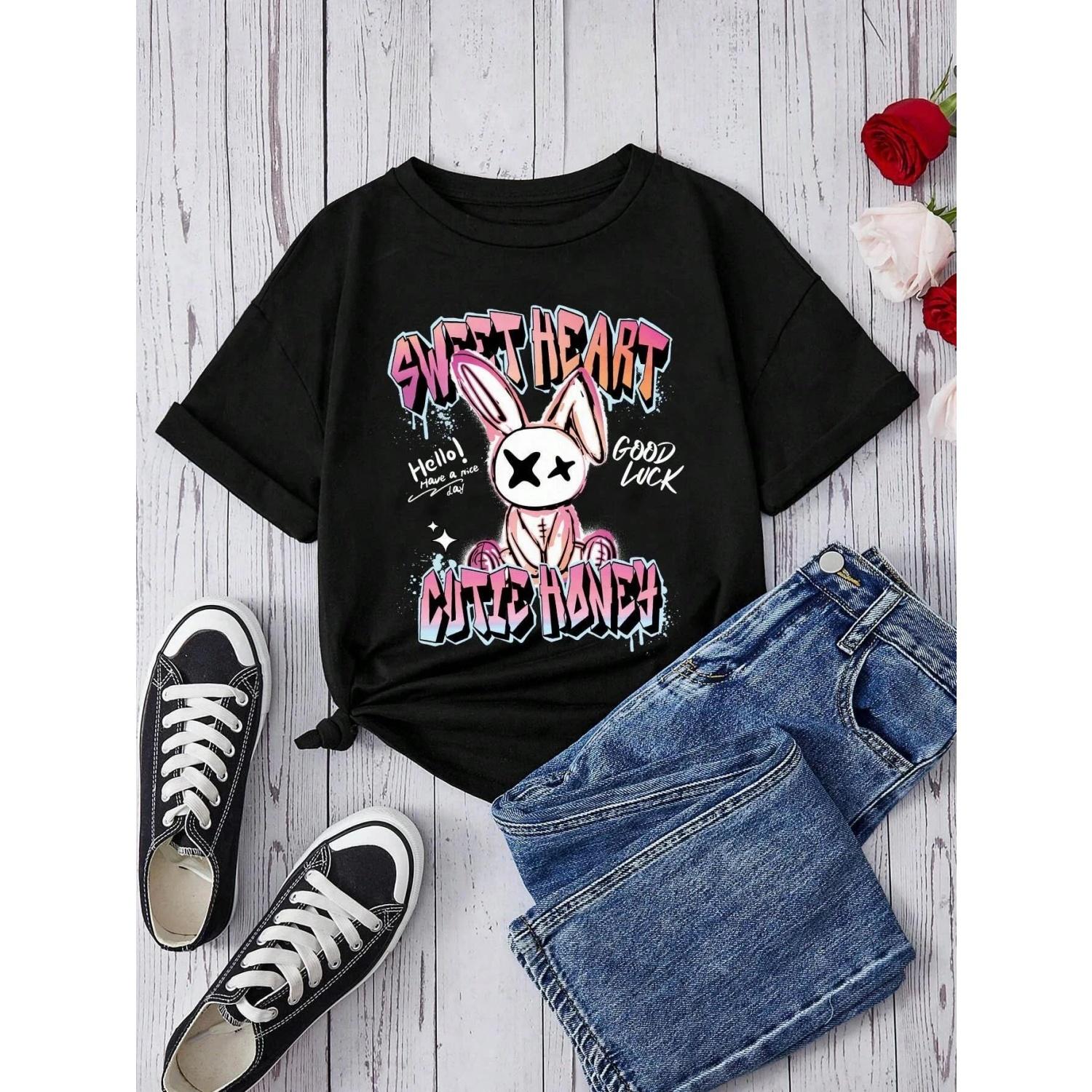 

Sweet Heart Rabbit Cartoon Letter Print Women T-Shirt Casual Loose Tshirts Street Breathable Tee Shirt Hip Hop Summer T Shirts S чёрный