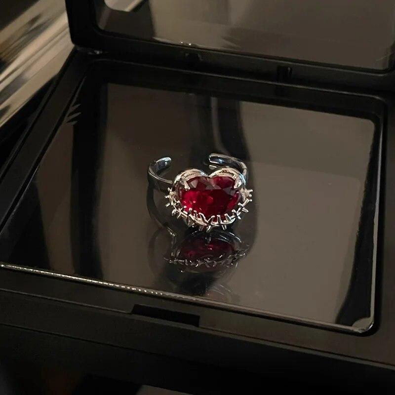 Vintage Red Enamel Cross Open Rings For Women Men Punk Hip Hop Irregular Lava Texture Rings Y2K Aesthetic Jewelry