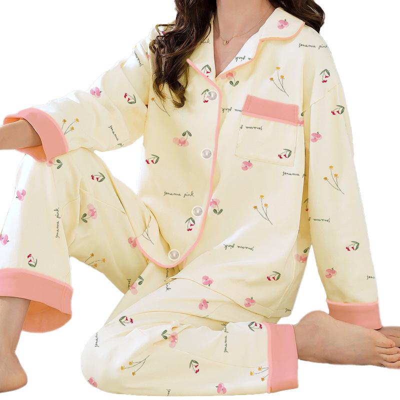 French Floral Faux Cotton Women's Pajama Set - Spring/Autumn Long Sleeve & Pants, Loose Cardigan Style for Middle-aged Women.
