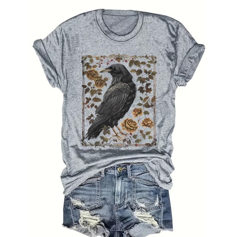 Retro Flower and Crow Pattern Printing + Short Sleeves + Round Neck T-shirt + Spring and Summer Women's Clothing