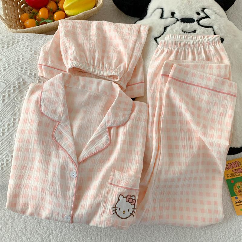 Cute Pink Grid Short-Sleeved Pajamas Women'S Summer Cloud Cotton Three-Piece Set Thin Loungewear