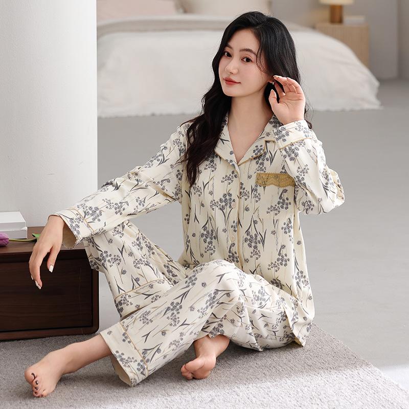 Anti-bumping point with chest pad Spring and autumn women's cardigan loungewear pure cotton long-sleeved lapel two-piece pajamas women's suit