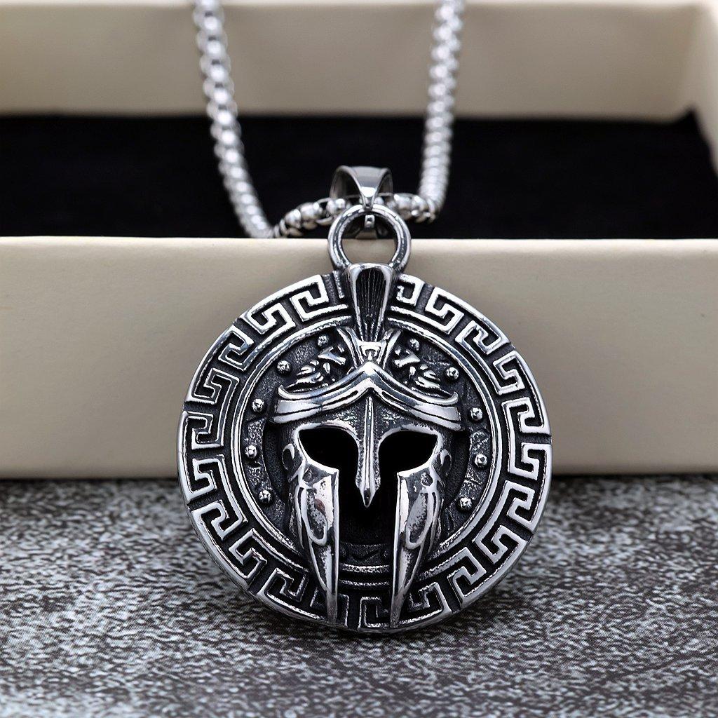 Antique Spartan Warrior Mask Pendant Necklace Stainless Steel Mens Jewelry Single Sided Design