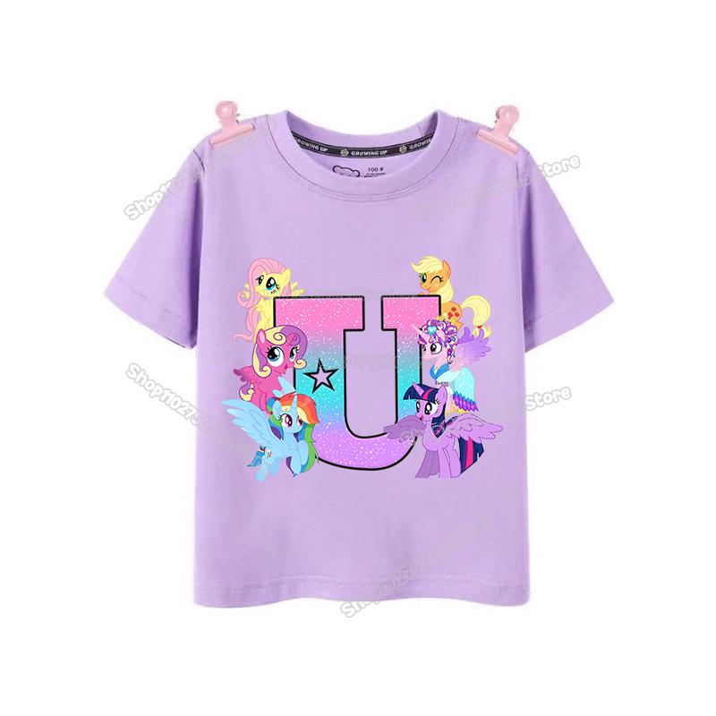 My Little Pony Girl T Shirt Twilight Sparkle Letter AZ TShirts Cartoon Kids Short Sleeve Tee Tops Casual Children Clothes