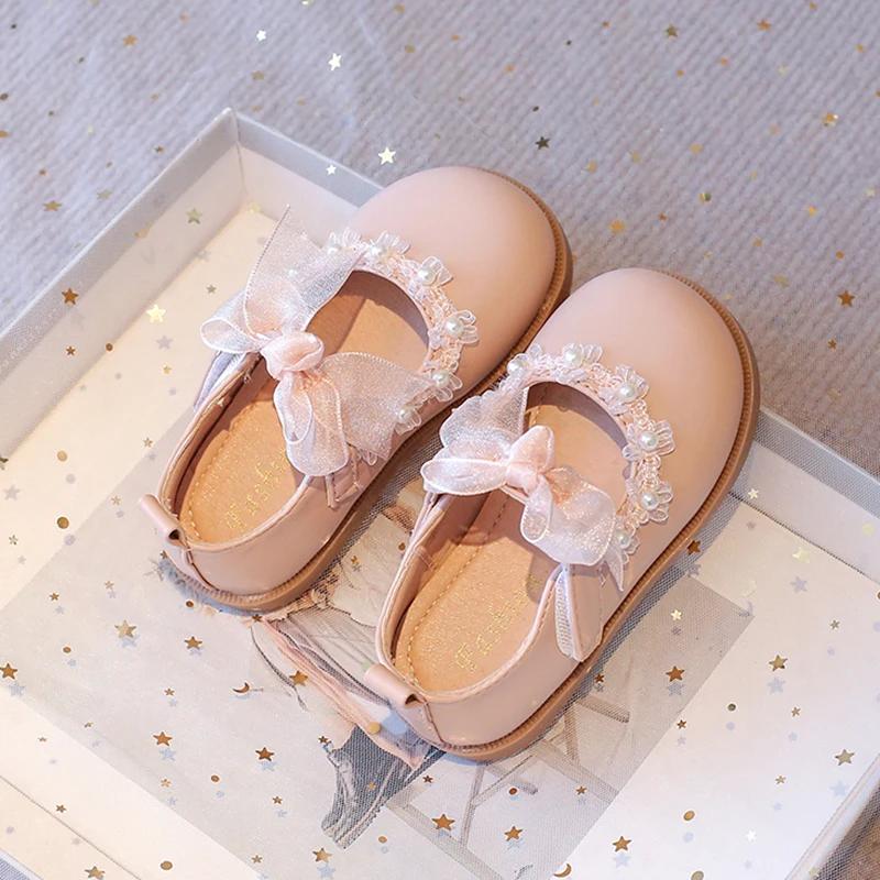 

Baby Girls Flat Mary Janes for Wedding Party Princess Kids Leather Shoes Lace Bowtie with Beading 2025 Spring Children Flats New 21 розовый