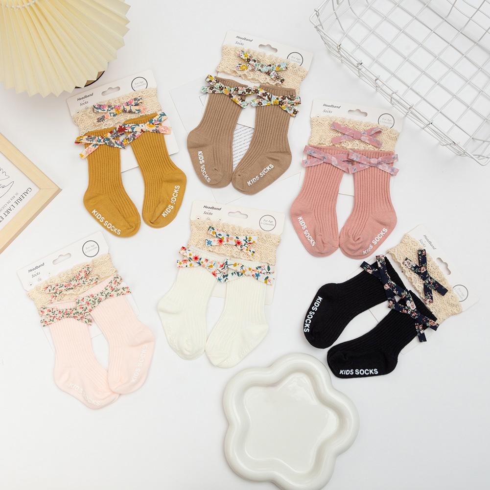 3Pcs/Lot Flower Print Bow Baby Socks Non-Slip Infant 0-12M Elastic Princess Boys Girls Long Knee Sock Lace Headband Kids Hairban