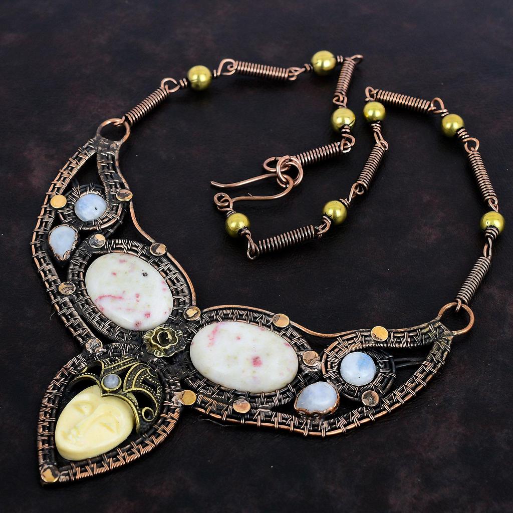 White Carved Bone Face Necklace Copper Wire Wrapped Necklace Adjustable Necklace Cinnabar And Moonstone Necklace Gemstone Handmade Jewelry