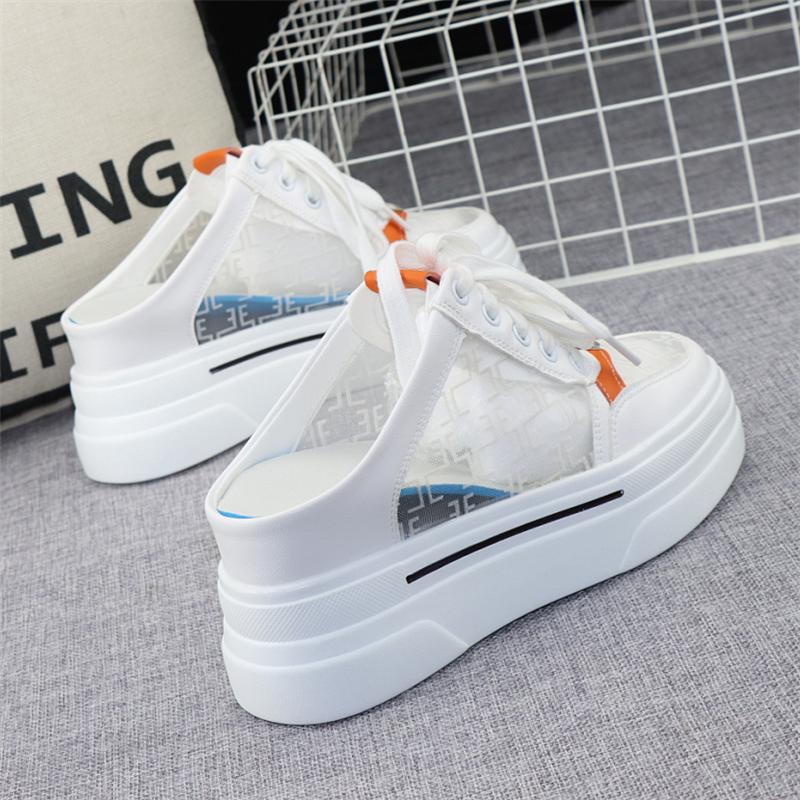 fashion Women Half Shoes Sneaker 2024 Summer Leather 8CM High Heels Slippers Casual Lace Up Woman Sneakers Shoes Fashion Summer Slippers
