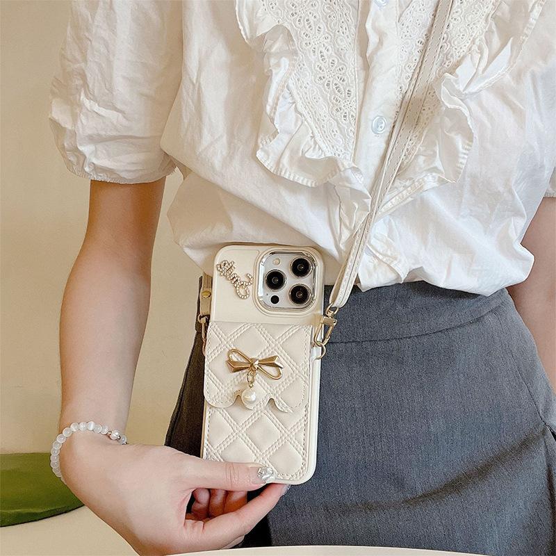 Bow Pearl Wallet Phone Case for IPhone17Promax Crossbody Rope Rhinestone English for Apple 15 Female