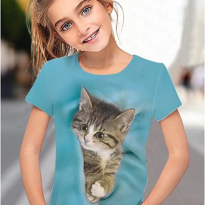 Kinderbekleidung Mädchen T-Shirt Kurzarm 3D Cartoon Katze Druck Kinder Sommerkleidung Mode Niedliche Mädchenkleidung Polyester Tops
