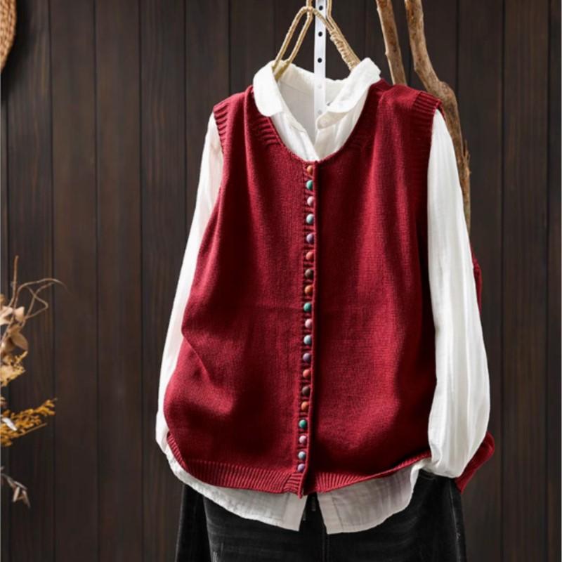 

Johnature Жіночі Вінтажні Пуловери Однотонні Без рукавів В язані Осінні Вільні Повсякденні Светри One Size червоний