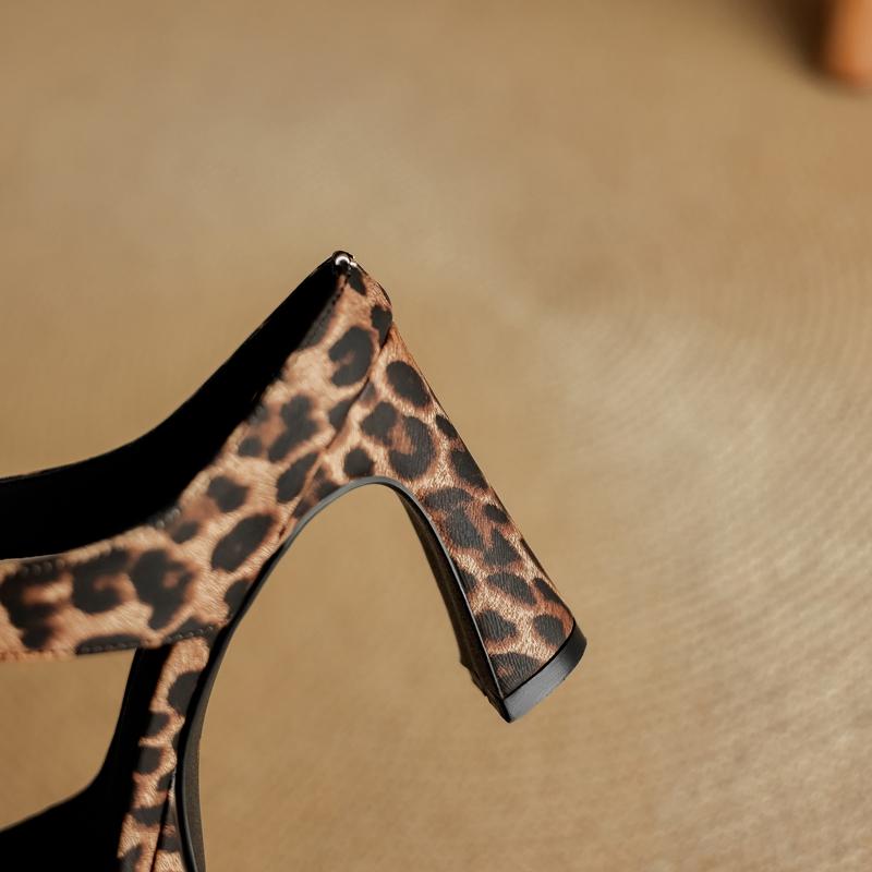 Fashion Women's New Genuine Leather Summer Leopard Pattern Exposed Toe Thick Sole Waterproof Platform High-heeled Fashion Slippers