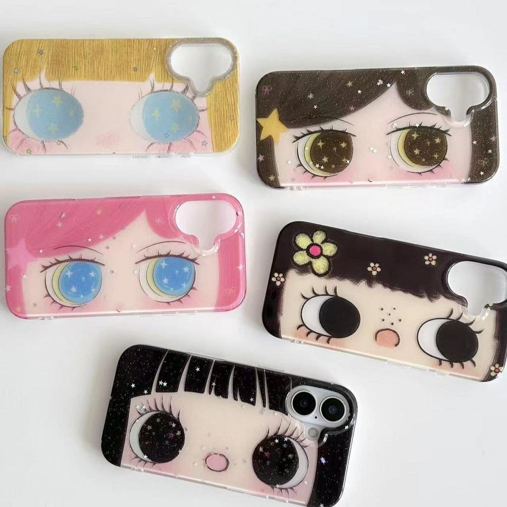 Phone Case for Samsung Galaxy S25 S24 S23 S22 S21 FE Ultra Plus 4G 5G Feather Texture Back Cover Kawaii Cute Black Big Eyes Cool