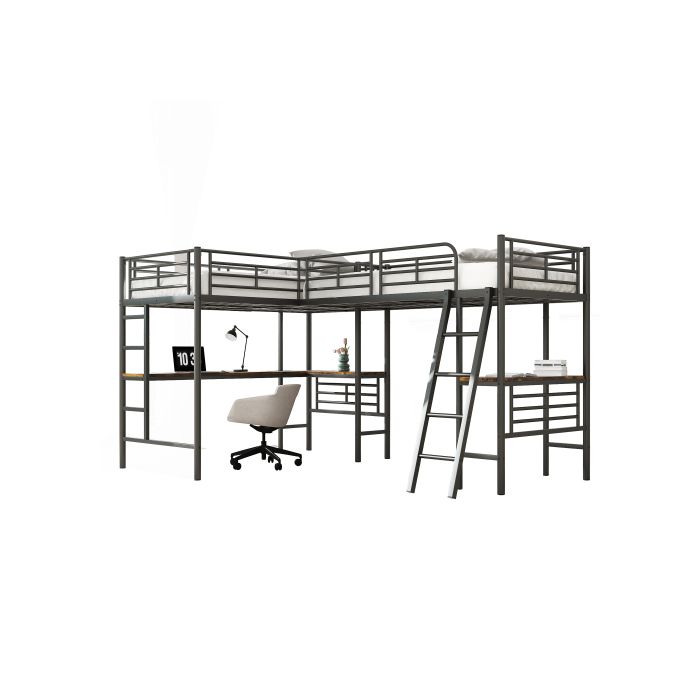 Lit superposé - MUVOE - 90x200cm - Métal noir - Escalier double - Haute sécurité