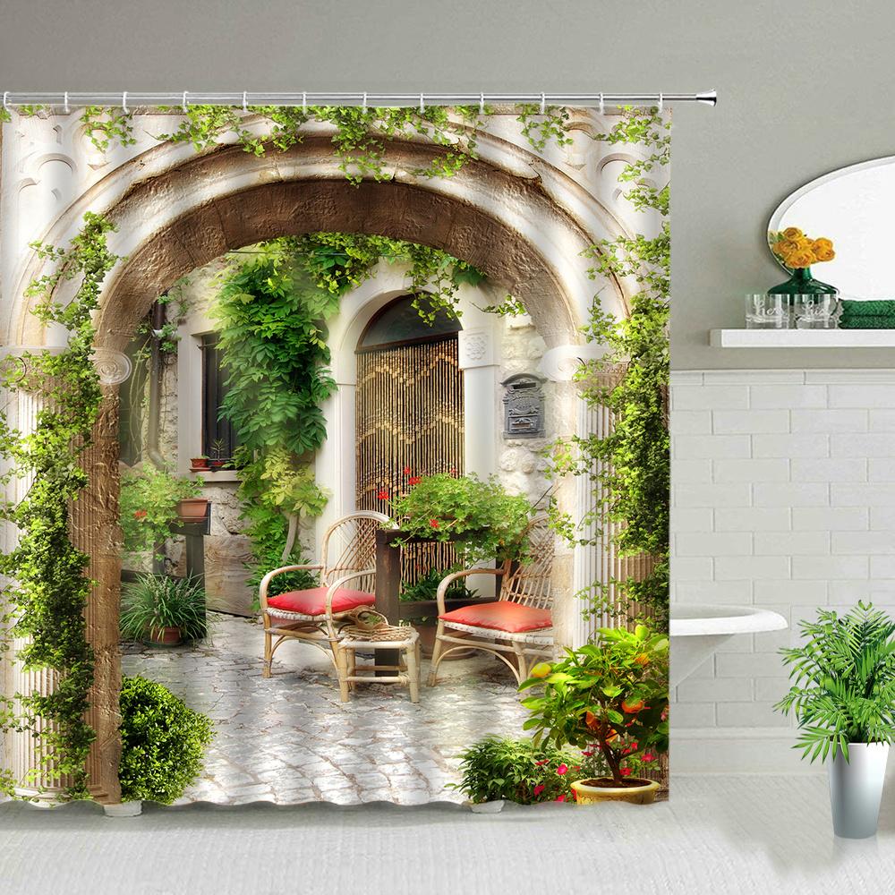 Window Outside Forest Bridge Spring Landscape Creativity Shower Curtain Zen Stone Tree Building Scenery Cloth Curtains With Hook