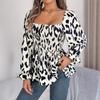 HNXC Autumn and Winter Casual Black Ear-trimmed Square Neck Leopard Print Long-sleeved Chiffon Blouse for Women