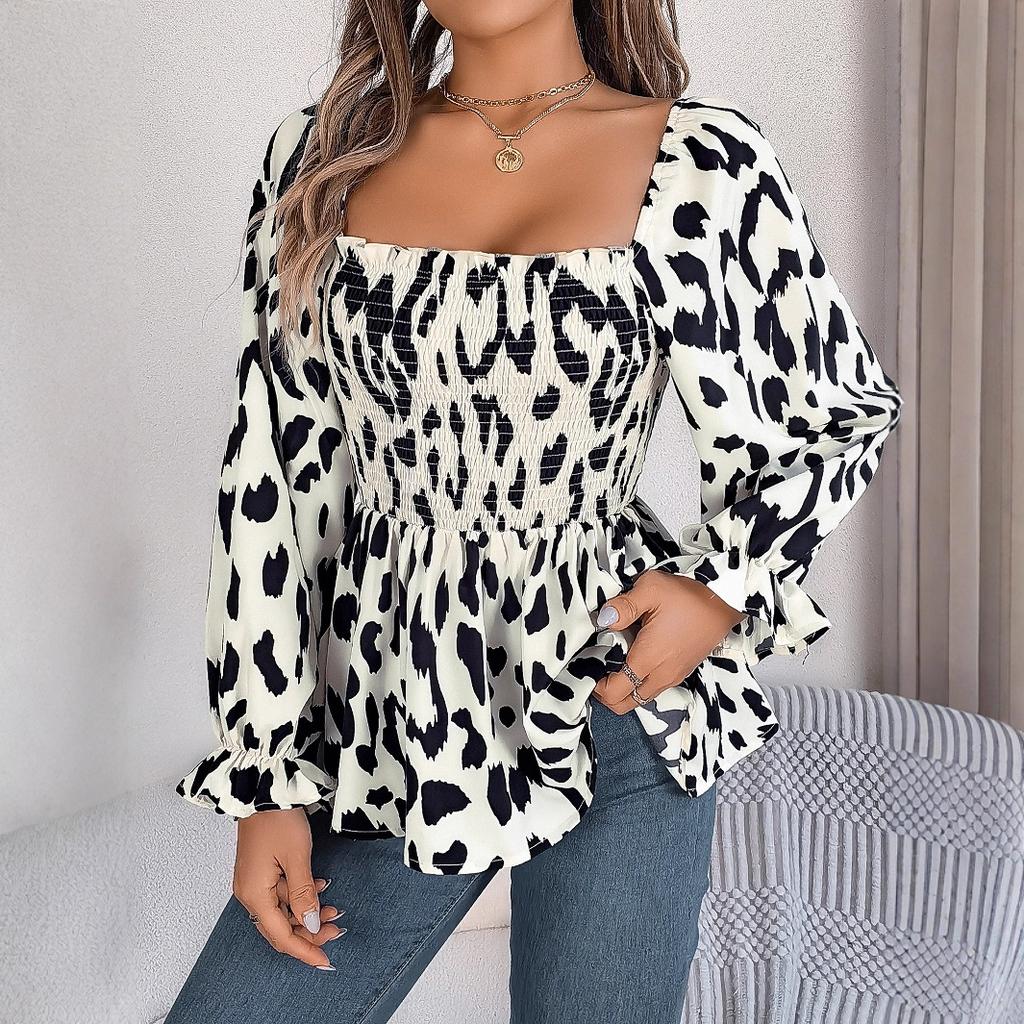 HNXC Autumn and Winter Casual Black Ear-trimmed Square Neck Leopard Print Long-sleeved Chiffon Blouse for Women