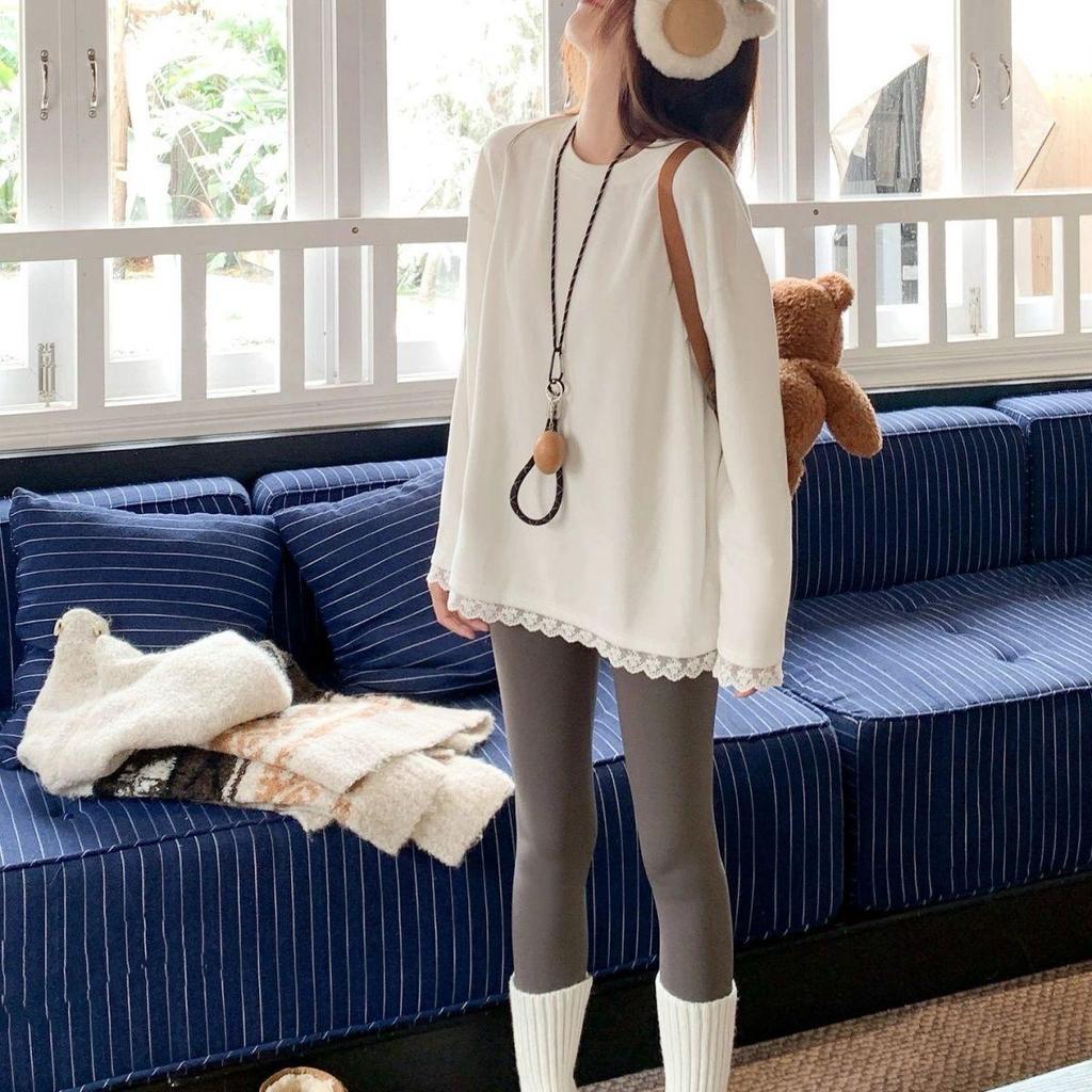 Korean Style Double-Faced Fleece Lace Trim Long Sleeve T-Shirt - Plus Size Autumn/Winter Loose Top