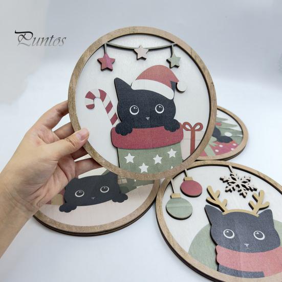 Modern Home Art Christmas Black Cat Wall Decor, Layered Wooden Hanging Sign, Round 2D Entryway Decor Flat Decoration for Living Room Bedroom And Hall