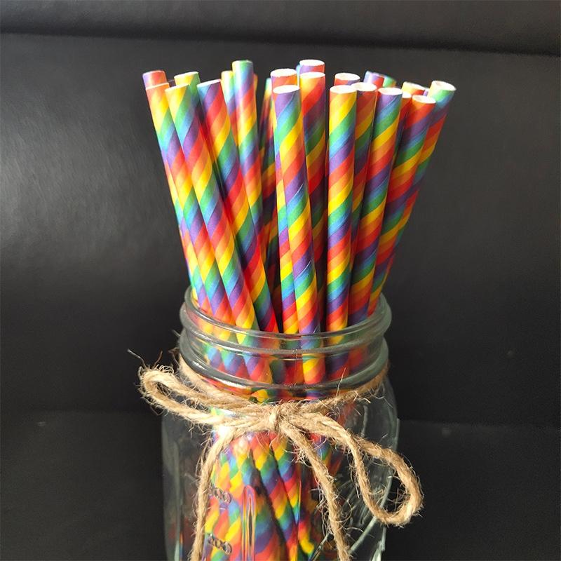 100PCS Disposable Drinking Straws Rainbow Stripe Biodegradable Paper Straw For Wedding Birthday Party Supplies Decorations