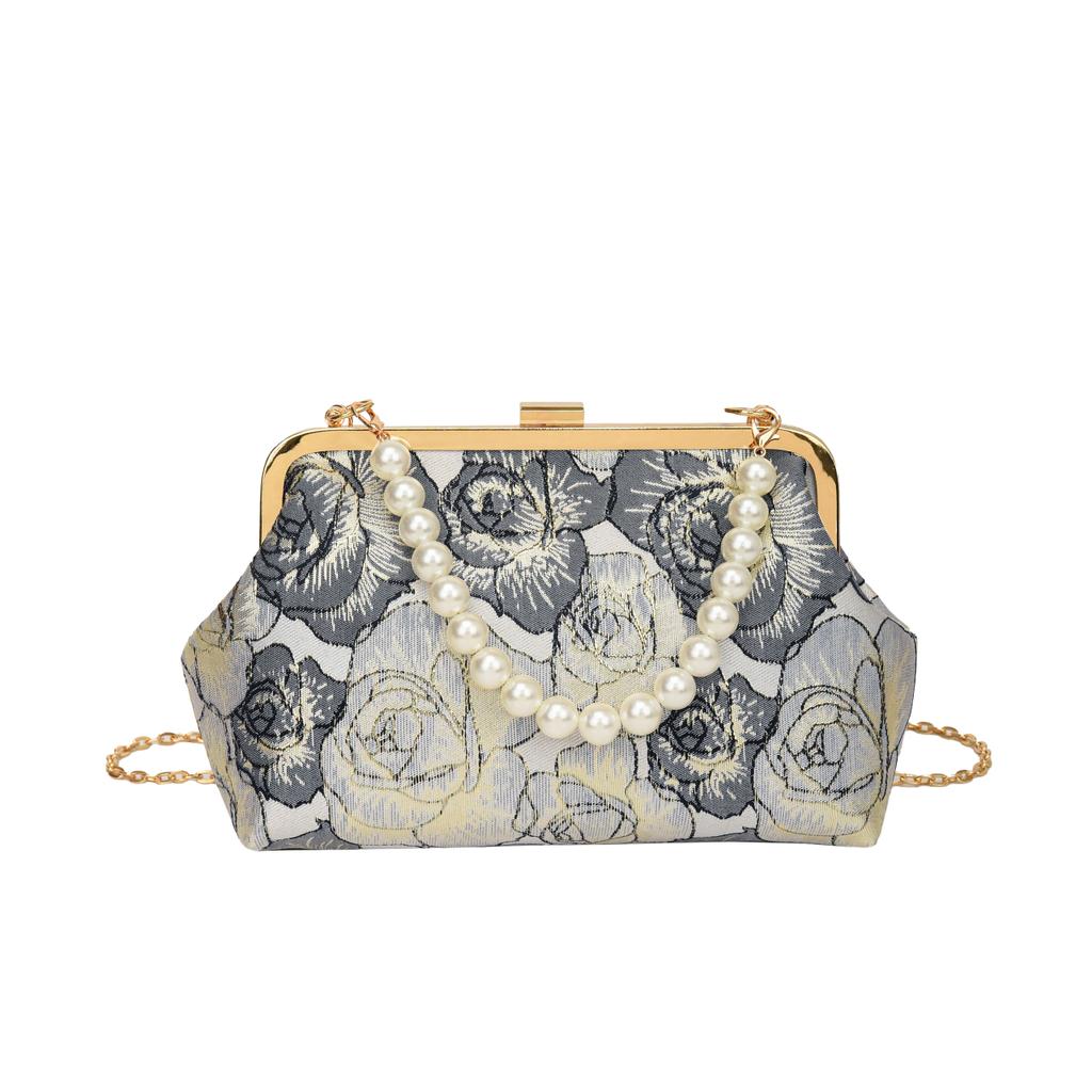 Chinese Cheongsam Style Women's Bag  Crossbody Shoulder Bag  Chain Beads  Embroidered Flower Pattern  New