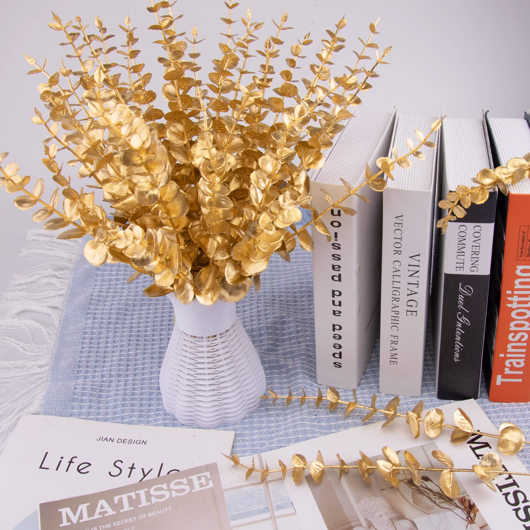 

10Pcs Artificial Eucalyptus Stems Plastic Faux Plant Home Office Wedding Party Decor Gold