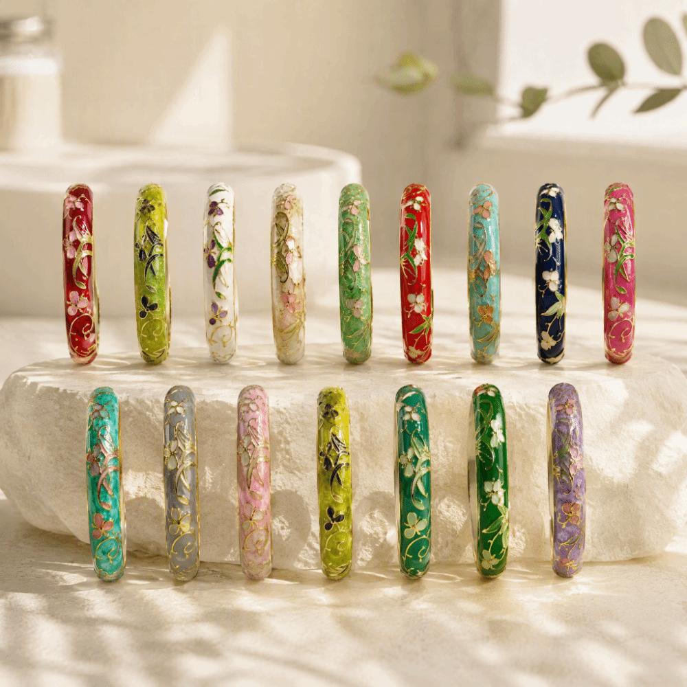 Floral Pattern Cloisonne Bangle Extra Width Enamel Bracelet Jewelry Gift for Women