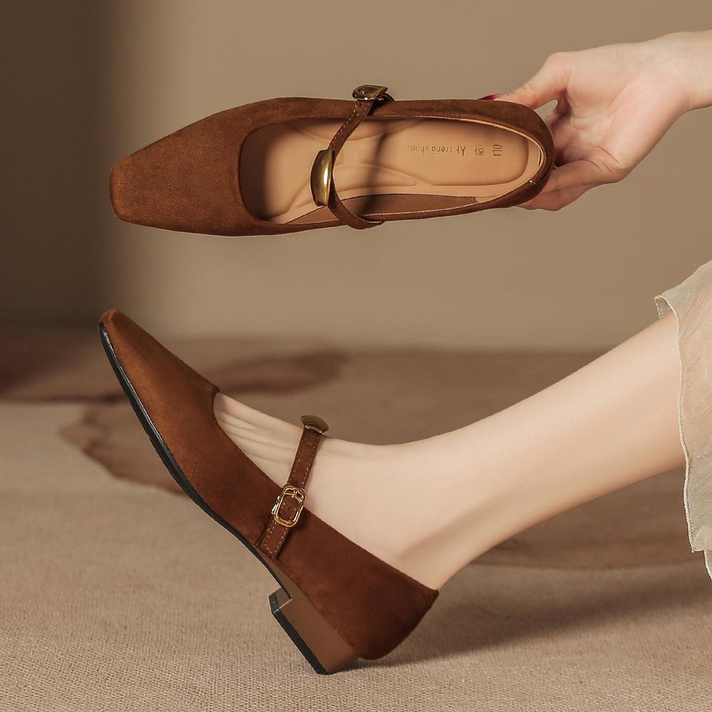 H8563-2 Mary Jane women's shoes soft sole not tired feet retro small square head low heel women's shoes suede college style single shoes